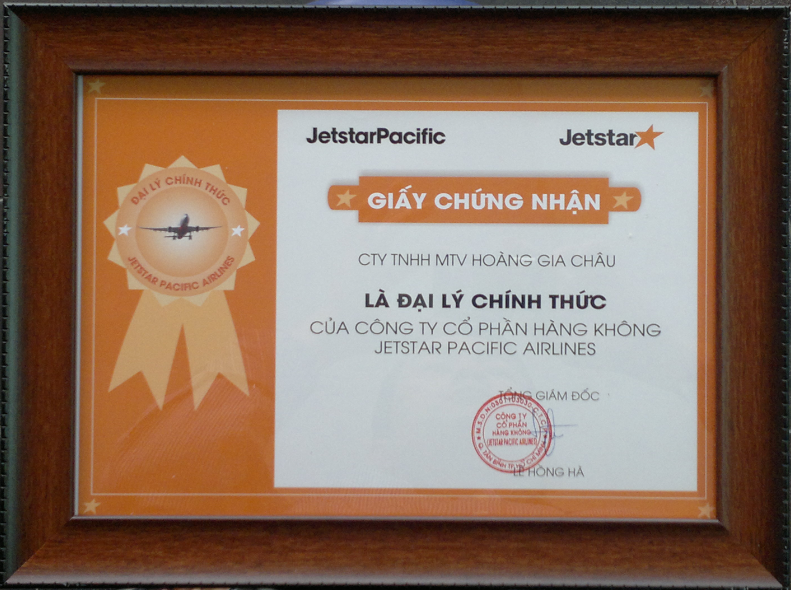 Giấy Chứng Nhận Đại Lý Vé May Chính Thức Jetstar Pacific