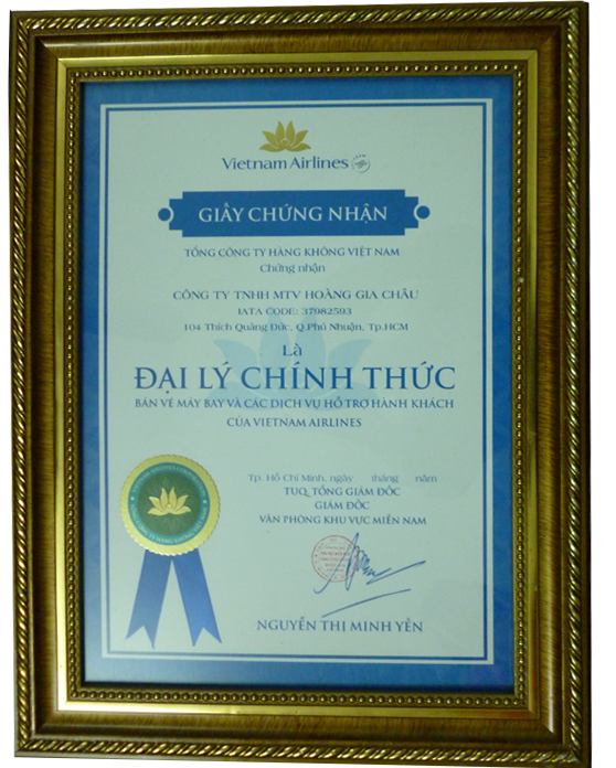 Giấy Chứng Nhận Đại Lý Vé Máy Bay Chính Thức Vietnam Airlines